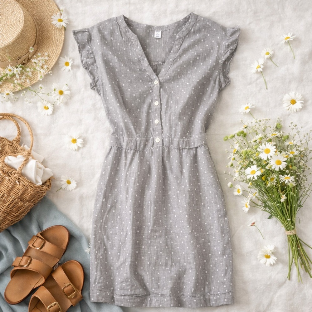 Old Navy Petite Gray Stripe Swiss Dot Flutter Sleeve Dress L Petite - Picture 3 of 10